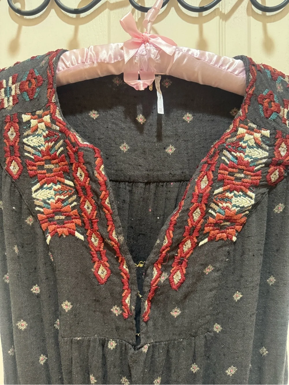 Free People Black Jumper with Red and Cream Embroidered Motifs Size XS